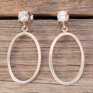 Sterling Silver CZ Post Oval Hoop Drop Earrings